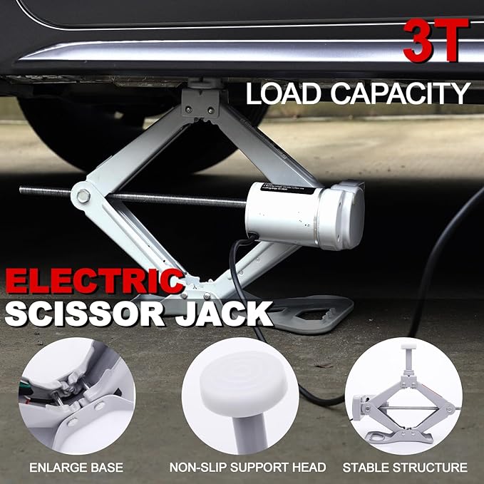 Trihelper Electric Car Jack Kit 12V Trailer Floor Jack Stands Set 3 Ton Vehicle Scissor Car Lift for Tire Change and Road Emergency with Impact Wrench
