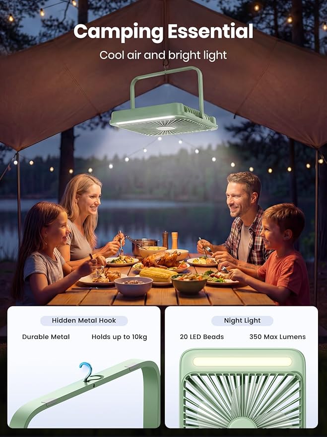 Warmco 20000mAh Battery Powered Fan, 8-Inch Ultra-Slim Portable Camping Fan with LED Lantern, Up to 48H Runtime Rechargeable Desk Fan for Bedroom, Outdoor, Tent, Travel, Cruise Ship Essentials