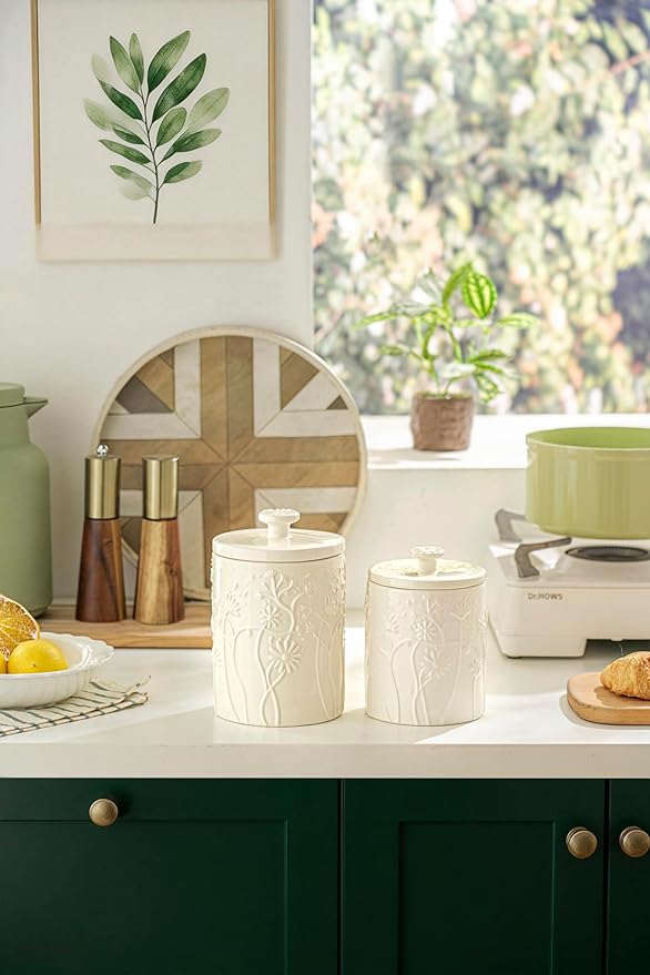 Ceramic Swaying Flowers Kitchen Canister Airtight Coffee Canister For Ground Coffee Sugar Tea Storage Container White Cookie Jar For Kitchen Counter Kitchen And Bar accessories Holder