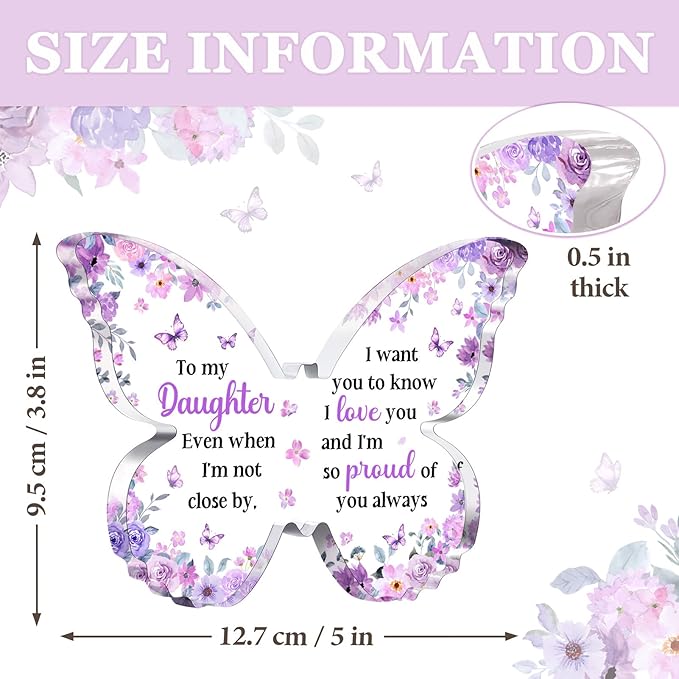 Mothers Day Gift for Daughter from Mom Dad, Unique Purple Butterfly Acrylic Plaque Desk Decor, Mothers Day Valentines Christmas Birthday Graduation Gifts for Daughter Adult, 5 x 3.8 x 0.5 inches