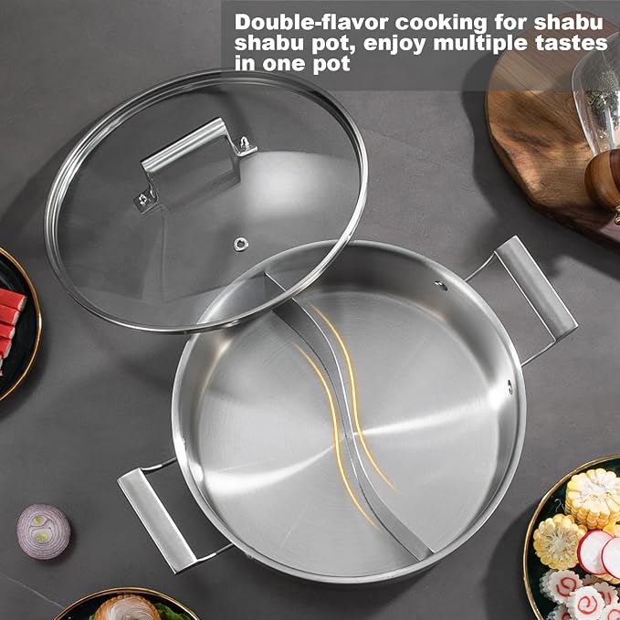 Delarlo 6.8QT Tri-Ply Stainless Steel Double-flavor Shabu Shabu Pot 12 inch | Everyday Pan with Lid, Kitchen Induction,Cooking Hot Pot, Oven Safe Stock Pot, Up to 600℉