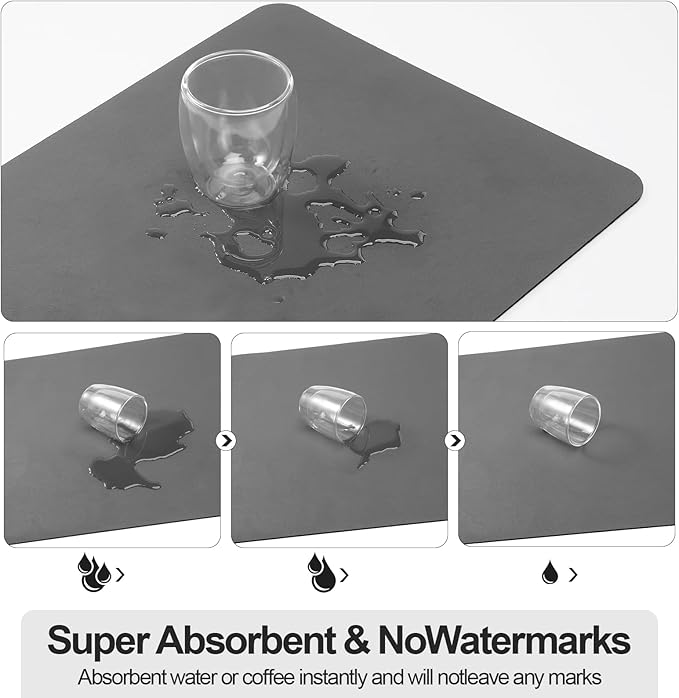 Ecotrim Absorbent Coffee Mat , Stain Hiding PU Leather Surface, Non-Slip Natural Rubber Backing, Quick Dry Mat for Espresso Machine, Kitchen Counter ,Dark Grey | 12" x 19"