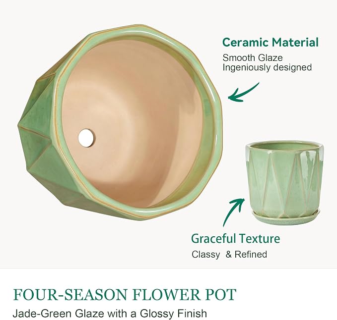 10 Inch Ceramic Plant Pot with Drainage Hole Mesh Net, Large Flower Pots for Indoor Plants with Saucer, Gardening Pots Outdoor (Crackle-Green)