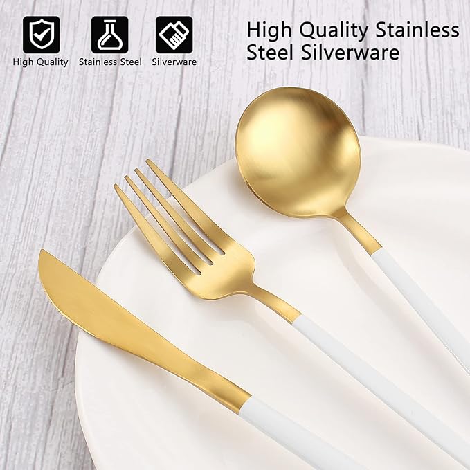 VANVRO Matte White Gold Silverware Set, 40-Piece Stainless Steel Flatware Set, Satin Finish tableware Cutlery Set, Service for 8, Home and Restaurant, Dishwasher Safe