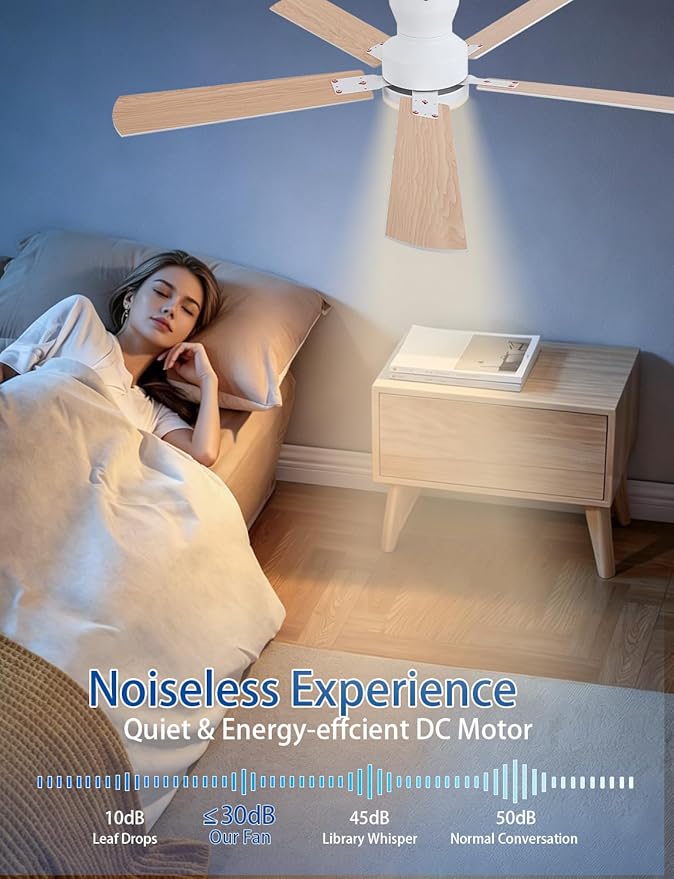 Ceiling Fans with Lights, 52 inch Low Profile Ceiling Fan with Light and Remote/APP Control, Modern Flush Mount Ceiling Fan for Indoor Bedroom Living Room, Dimmable, Qiuet DC Motor, White