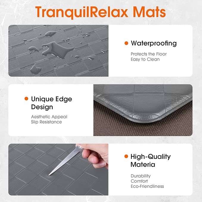 TranquilRelax 2-Piece Anti-Fatigue Kitchen Mats, Cushioned Non-Slip Waterproof Sink & Stove Floor Mats, Comfortable Standing Rug Set for Kitchen, Laundry & Entryway, Grey