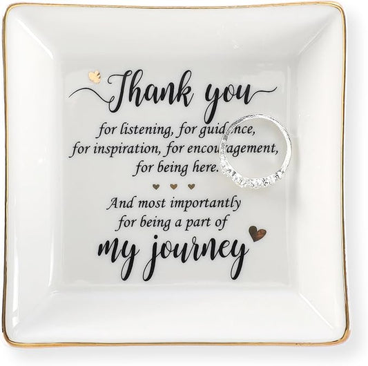 HOME SMILE Mother's Day Thank You Gifts for Women Friends Teacher Coworkers,Friends Ceramic Ring Jewelry Dish Tray Plate for Birthday Graduation Farewell -Thank You Being A Part of My Journey