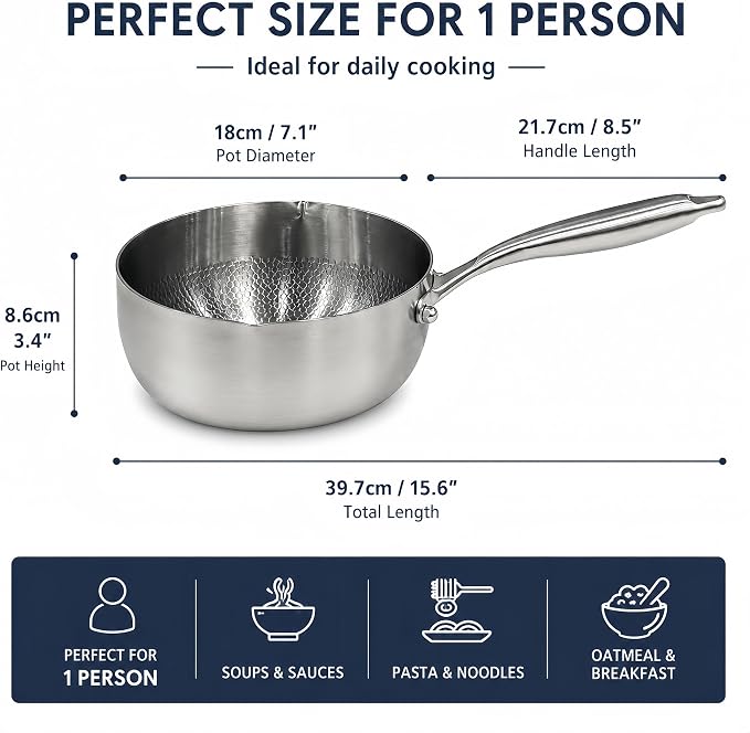 Titanium Saucepan with Lid, No Coating Non-Stick Titanium Pot（1.5 QT) | 500°F Heat Resistant, Fast & Even Heating, Universal Induction Gas Electric Glass Halogen Cooktops, Dual-Pour Spouts Design
