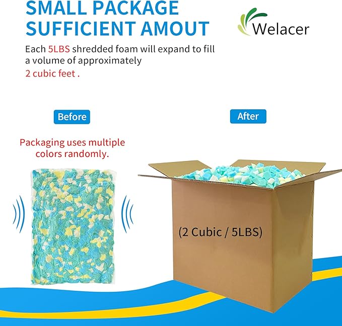 Welacer 50lbs Bean Bag Filler, Shredded Memory Foam Filling for Pillow Stuffing Cushion Arts Crafts Refill, Without Added Gel Particles, Premium Soft and Great for Stuffing (Multi Color, Pack of 10)