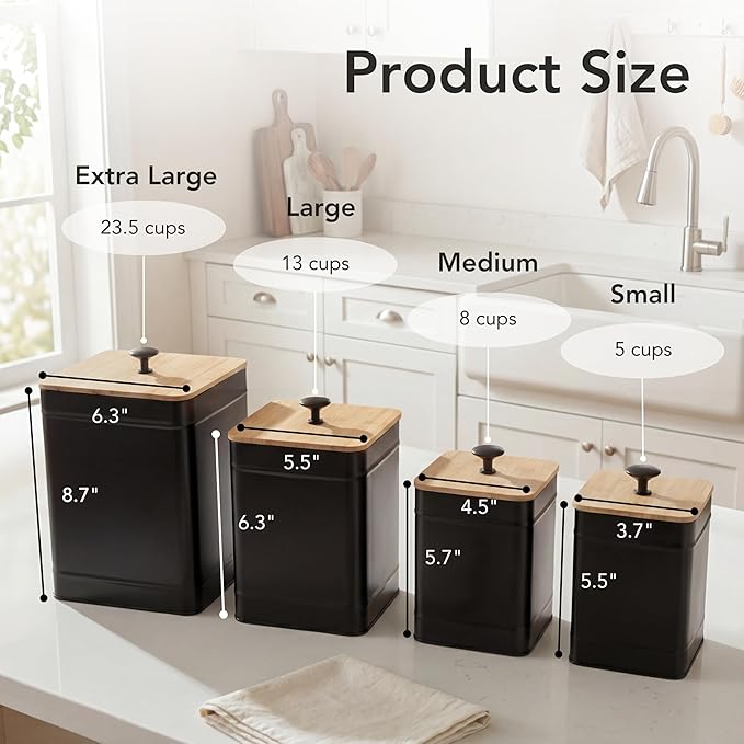 PERFNIQUE Kitchen Canisters, Airtight Canister Sets for Kitchen Counter, Kitchen Canisters for Countertop Set of 4, Coffee Tea Sugar Flour Spice Tin Jars Food Storage Container with Lid(Black)