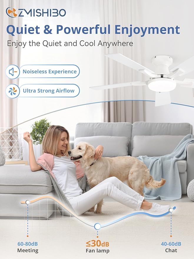ZMISHIBO 42 Inch Ceiling Fan with Light, App&Remote Control, Flush Mount Low Profile, Dimmable 20W LED Light, Quiet Reversible Motor for Bedroom, Living Room, Apartment, White