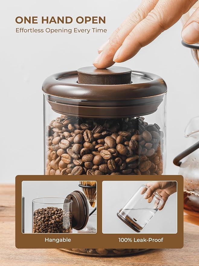 Borosilicate Glass Coffee Jar 600 ml – Pop Top Airtight Coffee Canister with CO2-Release Valve, 7 oz Coffee Container for Ground Coffee