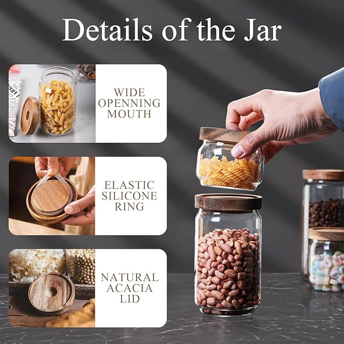 Glass Jars with Airtight Wood Lids - 11 oz Mini Kitchen Pantry Storage Containers, Stackable Decorative Canisters for Chia Seed, Sugar, Tea, Spice, Salt, Matcha, Nuts, Sauce, Cocoa powder, Set of 2