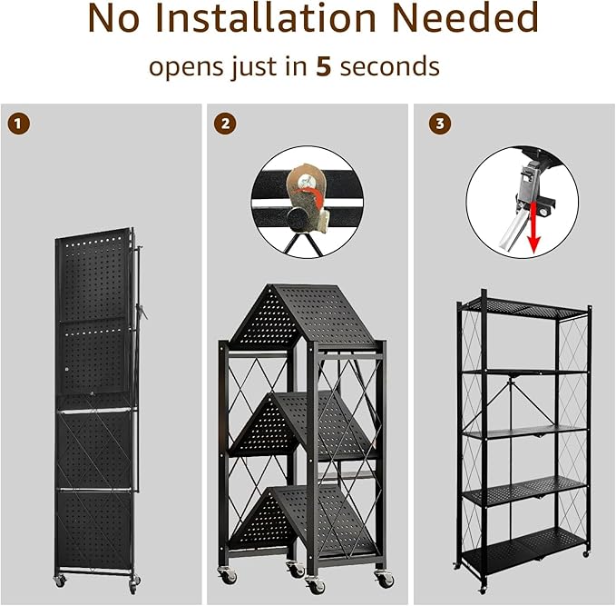 2 Folding Shelves 5 Tier Collapsible Shelf 550LBS Folding Metal Rack Shelving with Wheels Heavy Duty No Assembly for Home Kitchen Office