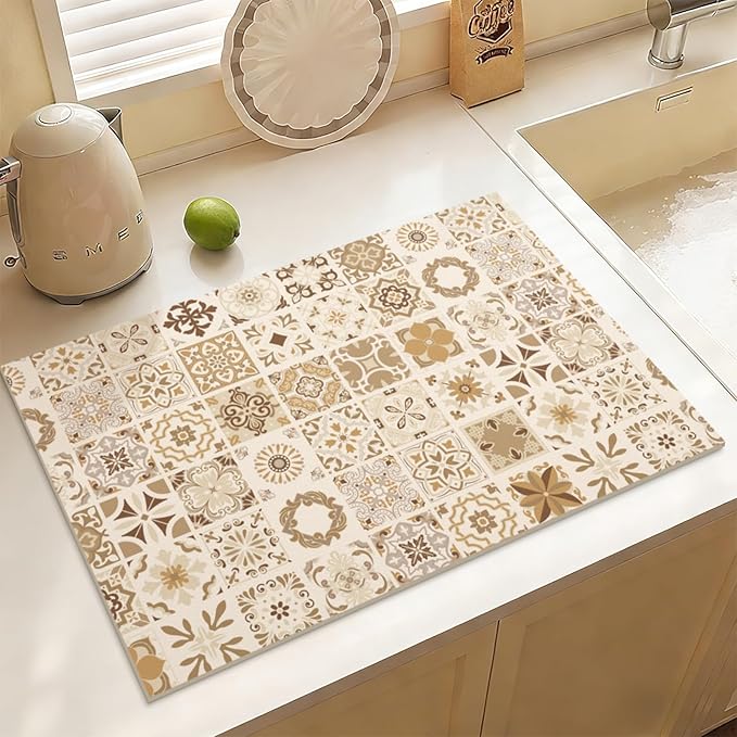 Boho Coffee Espresso Accessories Hide Stain Cuttable Placemat Quick Dry Dish Mat for Kitchen Counter Sink 16"X24" (Elegant Mosaic B)