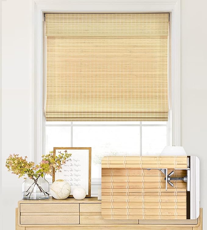LazBlinds No Tools No Drill Cordless Bamboo Roman Shades, Privacy Window Treatment, Roll Up Bamboo Blinds for Windows 43'' W x 64'' H, Natural