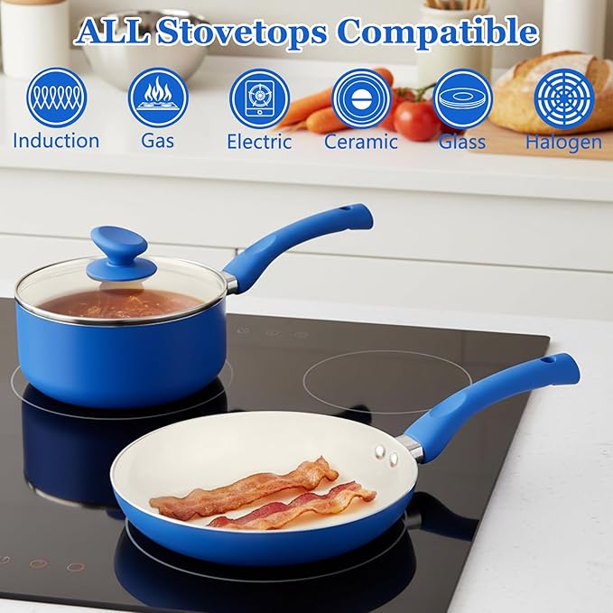 12-Piece Pots and Pans Set Nonstick, Ceramic Cookware Set with Stay-Cool Bakelite Handles, Non-Toxic Induction Cooking Set, Cobalt Blue Kitchen Essentials, PFOA & PTFE Free
