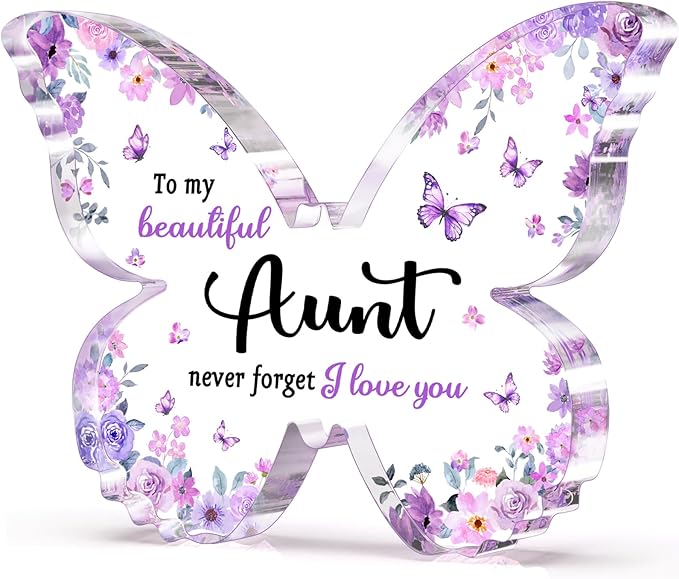 Gifts for Aunt, Aunt Birthday Gifts - Unique Purple Butterfly Acrylic Plaque Desk Decor - Mothers Day Christmas Gift for Aunt from Niece Nephew - 5 x 3.8 x 0.5 inches