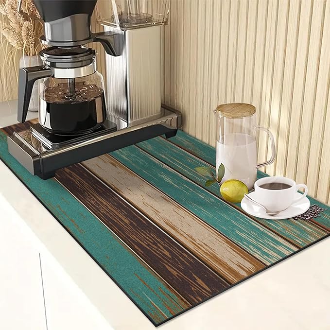 Arttown Coffee Mat for Countertops, Farmhouse Teal Brown Wood Dish Drying Mat 2 Pcs for Kitchen Bar Accessories, Fit Under Coffee Maker Espresso Machine Dish Rack Hide Stain Rubber 12x19in