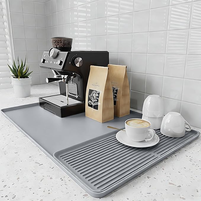 2-in-1 Coffee Mat & Dish Drying Mat Coffee Bar Mats for Countertop Coffees Matt for Counter Silicone Coffees Espresso Machine Station Mats Under coffe Maker Spill Matt Countertops Pot 24×16inch-Gray