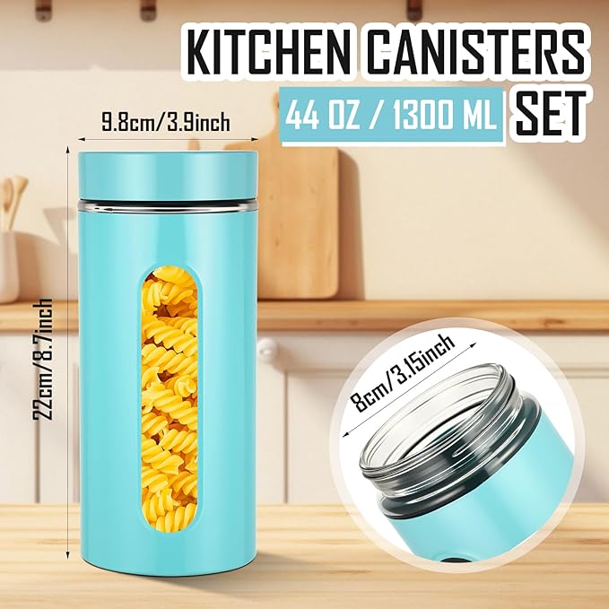 Patelai 6 Pack Kitchen Canisters Set Airtight Stainless Steel Canister Food Storage Container with Window Glass, Coffee Sugar Candy Jars Tea Organizer for Flour Cookies Spice(Turquoise,44 oz)