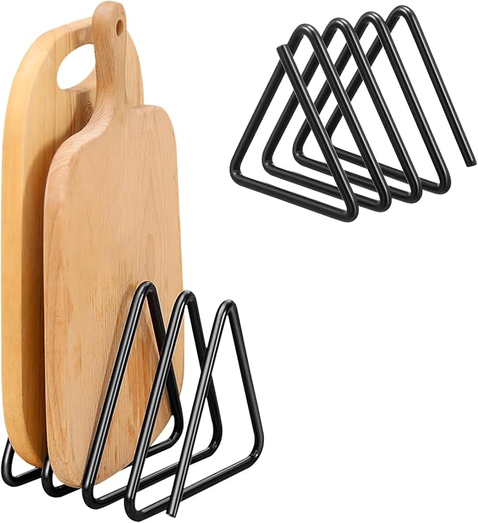 Suclain Cutting Board Organizer, Triangle Cutting Board Rack Black Metal Chopping Sheet Holder, Pots Pan Lids Cookie Sheet Organizer for Cabinet Countertop Shelf, 3.94 x 3.94 x 3.54 in