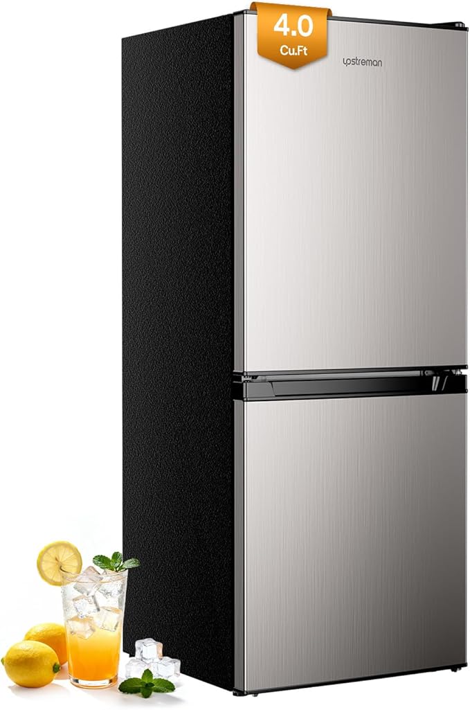 Upstreman 4.0 Cu.Ft Mini fridge with Bottom Freezer, Double Door, Low Noise Large Capacity Fridge, for Bedroom, Apartment, Kitchen, BM40 (Stainless)