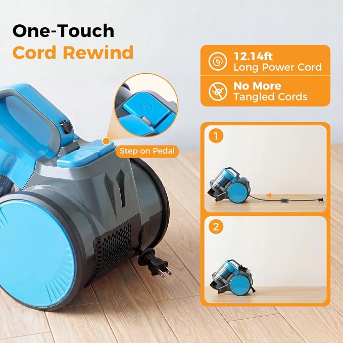 NEWBULIG Canister Vacuum Cleaners for Home, Strong Suction Bagless Vacuum Cleaner, 850W 16Kpa for Hard Floor and Carpet, Retractable Cord,1.8L Large Dust Cup