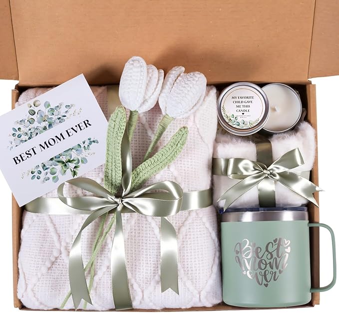 Mothers Day Gifts for Mom from Daughter Son Child, Mother Day Gift Basket for Stepmom, Mother-in-Law, Best Mom Ever Gift Box Set with Blanket Coffee Mug Socks Crochet Tulips Flower