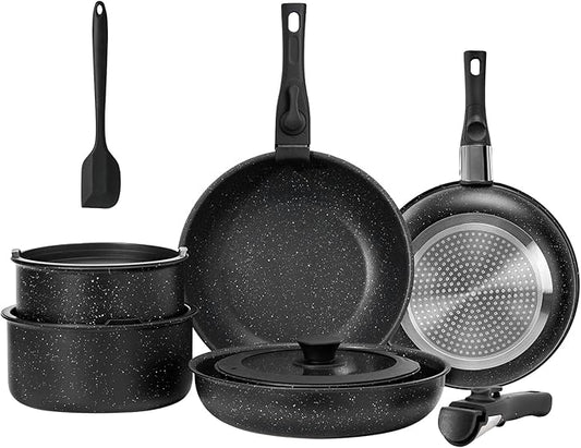 DUMOS 12 Pcs Pots and Pans Set, Nonstick Kitchen Cookware Set, Induction Cooking Sets Detachable Handle, Black
