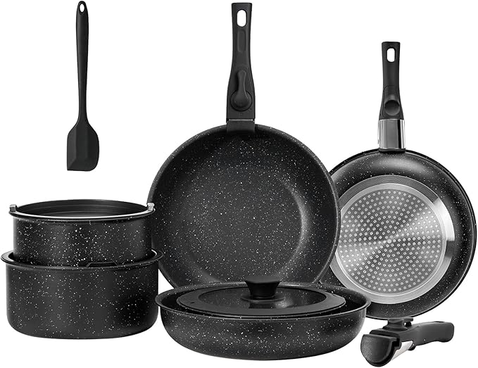 Sweetcrispy 12 pcs Pots and Pans Set, Nonstick Kitchen Induction Cookware Suit with Detachable Handle, Dishwasher Oven Safe, Black