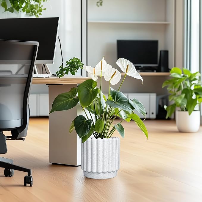 Ceramicfor Ceramic Plant Pot, 9.6 Inch, White | Drainage Hole, Round Flower Pot, Modern Fluted Design, Indoor & Outdoor Use