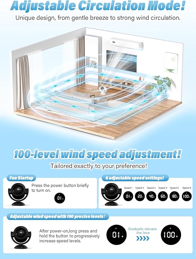 Desk Fans for Bedroom，Air Circulator Fan，90°Vertical +120°Auto Oscillating,100 Speeds, 10H Timer, Quiet Fan,Digital Display Rechargeable USB, with Remote, for Home, Office（Black）