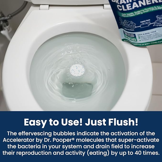 Accelerator by Dr. Pooper Drain Field Cleaner Tablets (20 Count) - Septic Tank Treatment for Clogs, Odor & Sludge - 90% Less Plastic - 10 Month Supply - Aerobic & Anaerobic Systems - Easy Flush