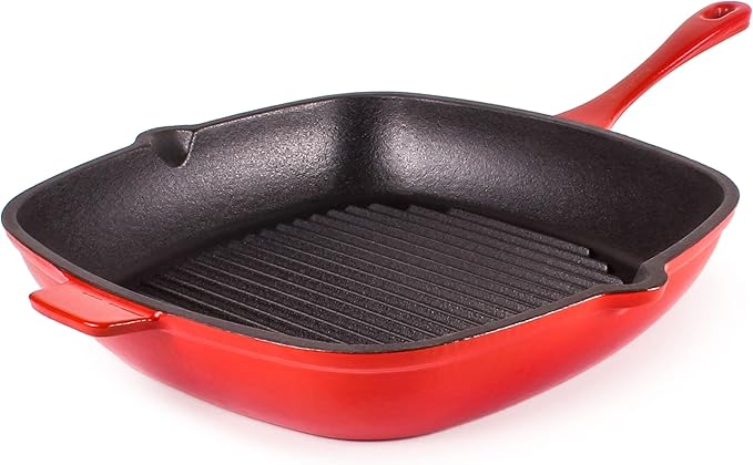 BergHOFF Neo 4Pc Enameled Cast Iron Cookware Set, Grill Pan 11 inches, Fry Pan 10 inches, 3qt. Dutch Oven, Matching Lid, Fast, Evenly Heat, Oven Safe (Red)