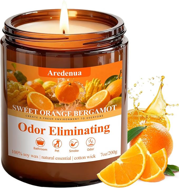 Sweet Orange Bergamot Odor Eliminating Candles | Eliminates 95% of Pet, Smoke, Food, and Other Smells Quickly | 7oz Soy Candle for Home Scented | Air Freshening Scented Candle for Positive & Relax