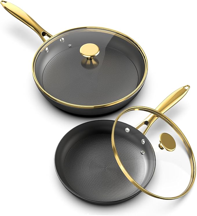 imarku Non Stick Frying Pans, 10 & 12 Inch Cast Iron Skillets with Lids, Frying Pan Set with Honeycomb Texture, Oven Safe & Induction Available, Best Gifts