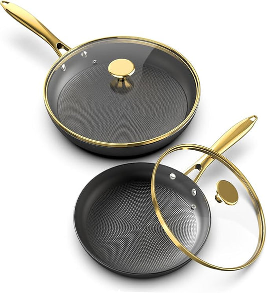 imarku Non Stick Frying Pans, 10 & 12 Inch Cast Iron Skillets with Lids, Frying Pan Set with Honeycomb Texture, Oven Safe & Induction Available, Best Gifts