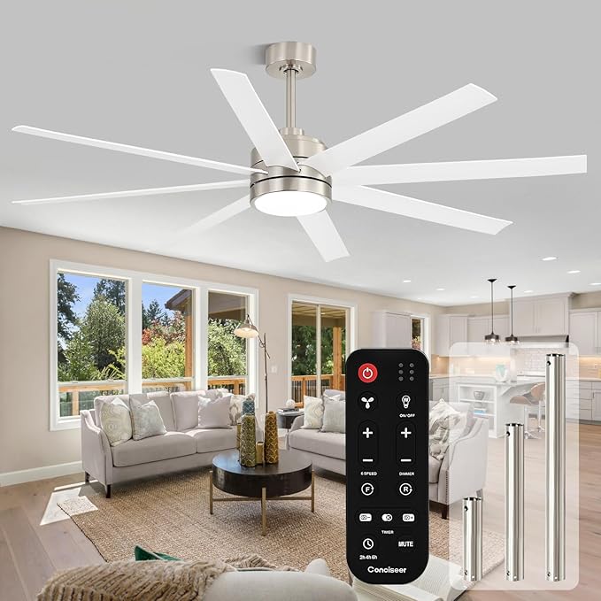 Conciseer 65 Inch Ceiling Fans with Lights and Remote for Bedroom Living Room Kitchen Office, Indoor/Outdoor Use, 6CCT Dimmable, 8 Blades 6 Speed Reversible Quiet DC Motor, Sand-nickel/White