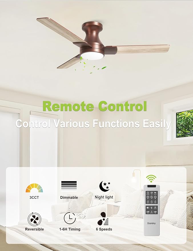 DAMINY 42 inch Ceiling Fans with Lights,3 Blades,6CCT, Low Profile Ceiling Fan with Light and Remote Control,Ceiling Fan for Bedroom, Kitchen,Indoor/Outdoor Use,Flush Mount-Brown