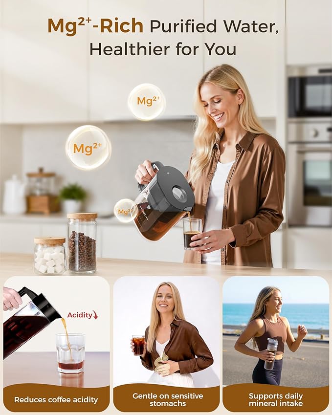 Waterdrop PT-10 Cold Brew Coffee Maker with 1 Magnesium Water Filter for Well-Balanced Acidity, Unlocks Aroma, BPA-Free Cold Brew Pitcher, Stainless Steel Filter for Iced Coffee, Tea, Lemonade, Black