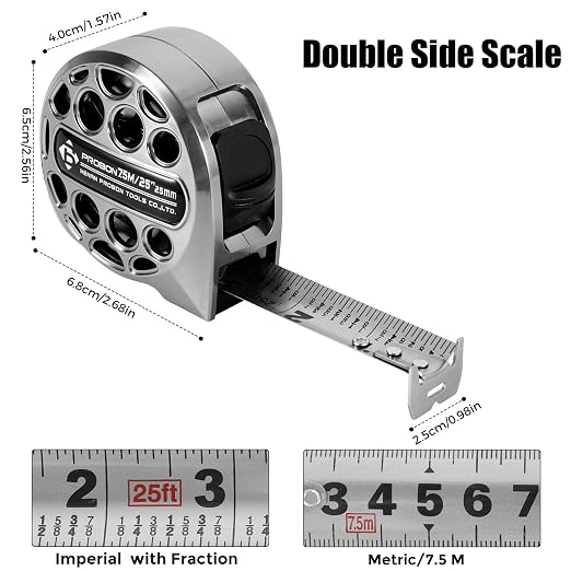 2 Pack Tape Measure 25 FT/7.5M, Waterproof Measuring Tape Double Side Scale, Retractable Stainless Steel Metric Tape Measure for Construction Household Woodworking Carpenters (2)