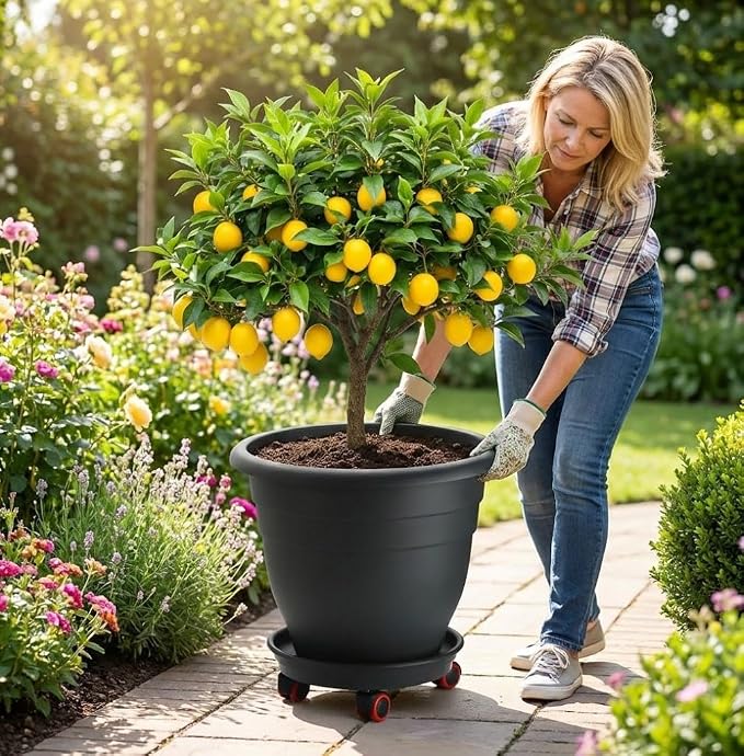 RooTrimmer 3 Pack 20 Inch Large Plant Pots with 13.5 Inch Rolling Saucers,Heavy Duty Planters with Wheels and Drainage Holes,Plastic Flower Pots for Indoor Outdoor Large Plants