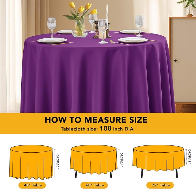 10-Pack Purple Round Tablecloths, 108 Inches, Stain-Resistant Polyester for 4-5 Ft Round Tables - Washable Table Covers for Weddings, Banquets, Birthday Parties, Events