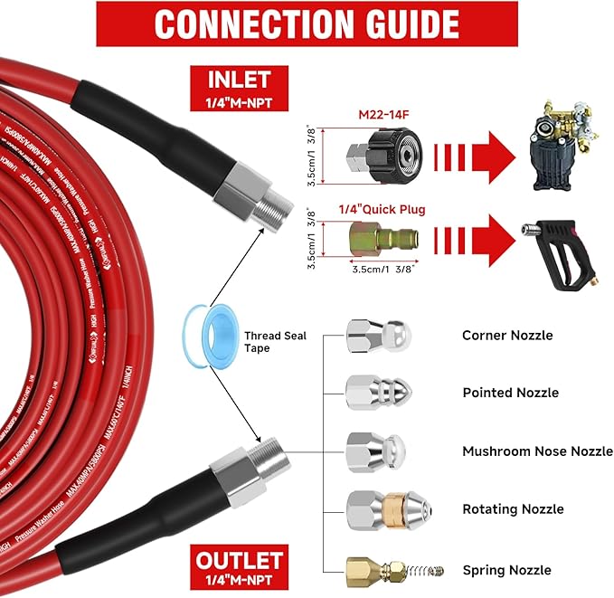 NIFUAL Sewer Jetter Kit for Pressure Washer,200FT 5800PSI Pressure Drain Cleaner 1/4 Inch NPT Corner Rotating and Button Hose Sewer Jetting Nozzle for Homeowners & DIYers (200FT)