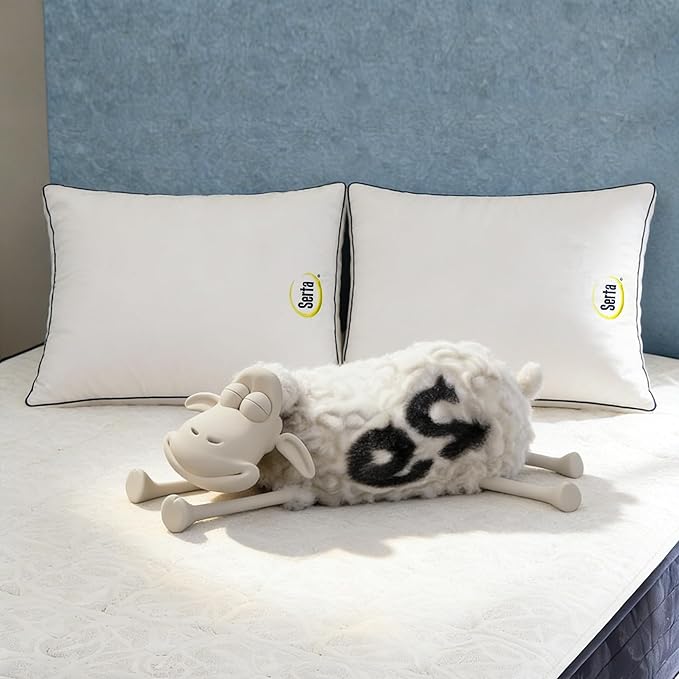 Serta Hotel Collection Bed Pillows King Size Set of 2, 400 Thread Count 100% Cotton Cover, Medium Support Gusseted Down Alternative Pillow for Back, Stomach or Side Sleepers, 18" x 34", White