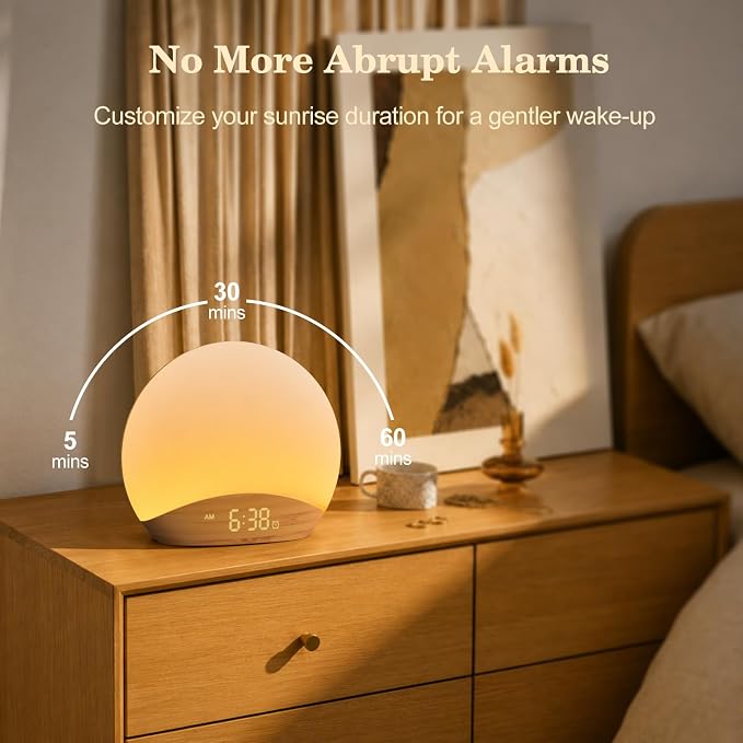 REACHER Wood Grain Sunrise Alarm Clock and Sound Machine Nightlight, Digital Dimmable Clock for Bedroom, 26 Sleep Sounds, White Noise Machine for Baby, Adults, Wake Up Light Alarm Clock for Kids