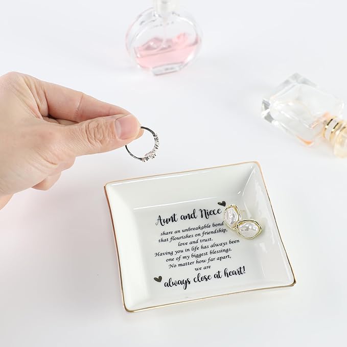 HOME SMILE Mother's Day Aunt Gifts from Niece,Aunt and Niece Gifts,Ceramic Jewelry Dish Tray for Aunts BirthdayValentine's,Thanksgiving,Xmas-Aunt and Niece Share an Unbreakable Bone