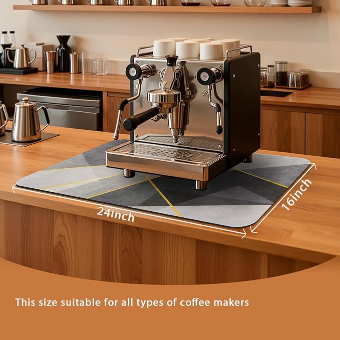 Coffee Mat 24x16 Inch, Gray Geometric Kitchen Coffee Mat, Absorbent Hide Stain Rubber Backed Dish Drying Mat for Kitchen Counter, Mat for Countertops,Under Coffee Bar Maker Machine Pot Espresso Staion