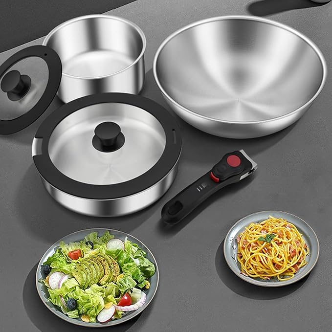 Stainless Steel Non-stick Cookware Set, 6-piece Induction Pots & Pans With Detachable Handles, Dishwasher & Oven Safe, Perfect For Kitchen & Camping 6pcs